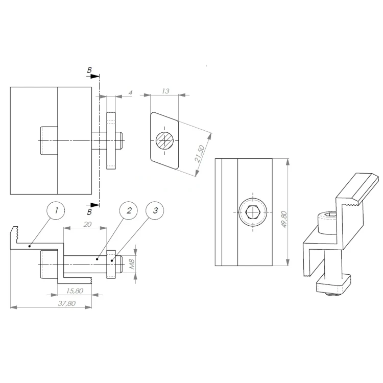 Endklemme 35mm mit Schraube und Einsatz - Schwarz lackiert PV-03-25 (2)