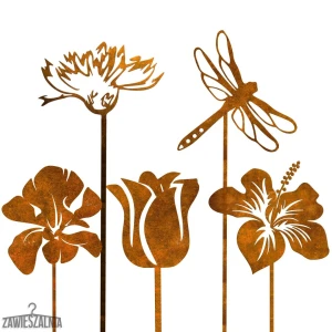 Gartenschmuck Hängedekoration – rostiges 5-teiliges Set mit Stahl-Libelle XXL 99 cm