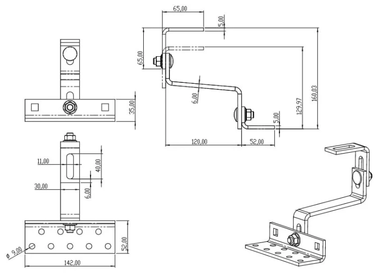 Dachhaken Vario Klasse 5-6-5 - 3x Verstellbar Edelstahl 1.4016 - 120mm - Verstärkt PV-08-34 (1)