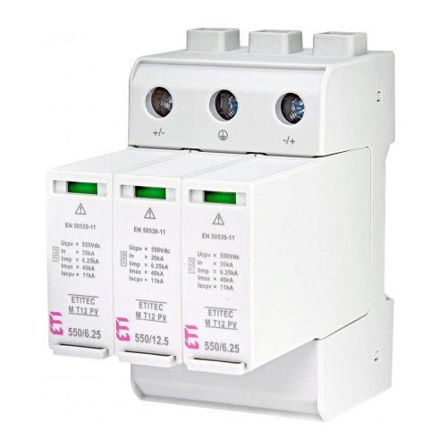 Überspannungsschutz PV DC Typ 1+2 (B+C) 1100V 3P 65kA 3,8kV ETITEC EM T12 PV 1100/6,25 Y 002440580 ETI GPV-401-64