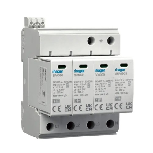 Überspannungsschutz Typ 1+2 (B+C) 4P 50kA 1,2kV SPD MOV Netz TN-S/TT Kontakt SPA931 HAGER GPV-401-101