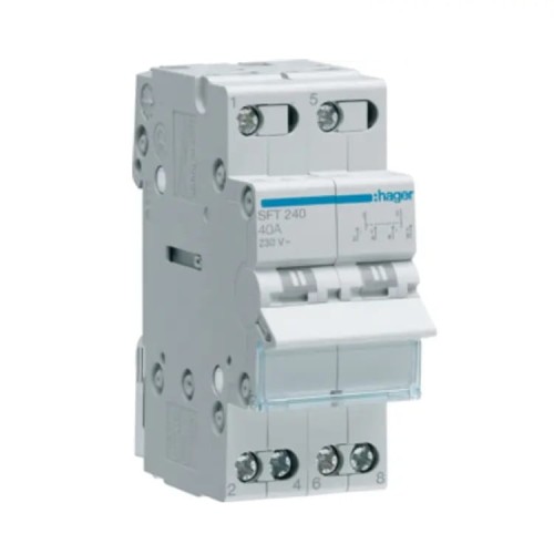 Hager Modularer Installationsschalter I-0-II (1-0-2) gemeinsamer Punkt von oben 2P 40A 230V AC GPV-401-212