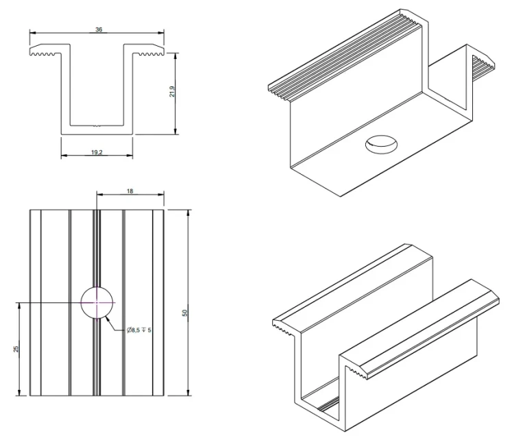 Mittelklemme H24 Aluminium 6060 Bohrung M8 Lackiert PV-04-15 (2)
