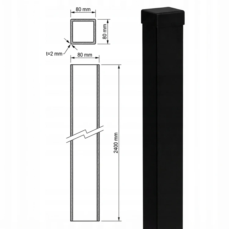 Zaunpfosten 80x80x2 mm, Länge 2,4 m, schwarz GPV-700-74 (3)