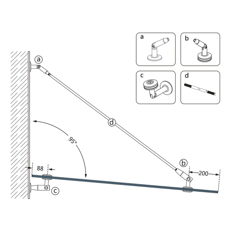Glasvordach-System M10 3-teiliger Abzug fi 10 mm Glas 8-17,52 mm AISI 304 Satin 000-261 (5)