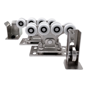 Laufwagenpaket für Profil 68x68 mm mit Kunststoffrollen, mit Auflaufrolle und Auflaufhalter