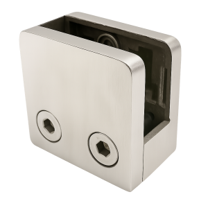 Glashalter 45x45x26 mm mit Pin-Träger Glas 6–10,76 mm AISI 304 Flachsystem Satin