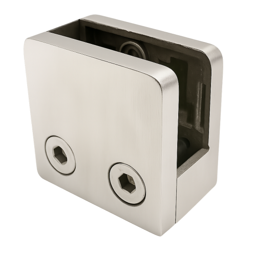 Glashalter 45x45x26 mm mit Pin-Träger Glas 6–10,76 mm AISI 304 Flachsystem Satin 000-268 (1)