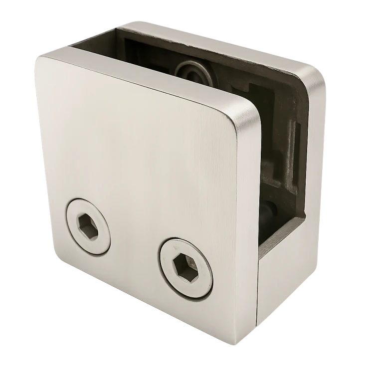Glashalter 45x45x26 mm mit Pin-Träger Glas 6–10,76 mm AISI 304 Flachsystem Satin 000-268 (1)