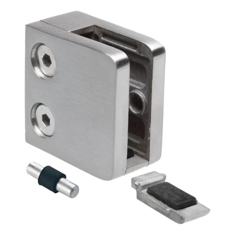 Glashalter 45x45x26 mm mit Pin-Träger Glas 6–10,76 mm AISI 304 Flachsystem Satin 000-268 (4)
