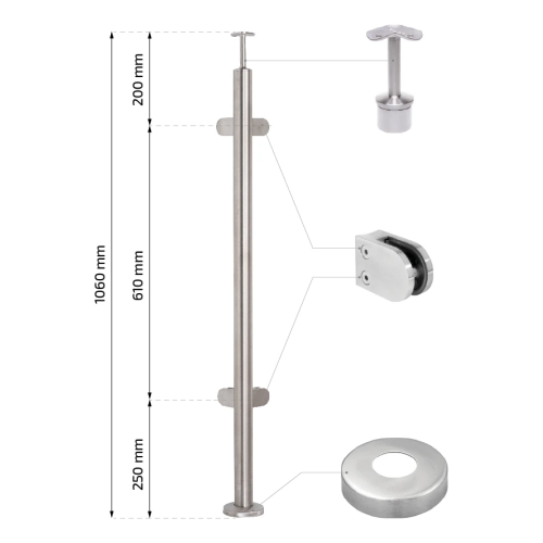 Eckgeländerpfosten für Glas ø 42,4x1060/1102,4mm 4 Halter geschliffen 000-559 (2)