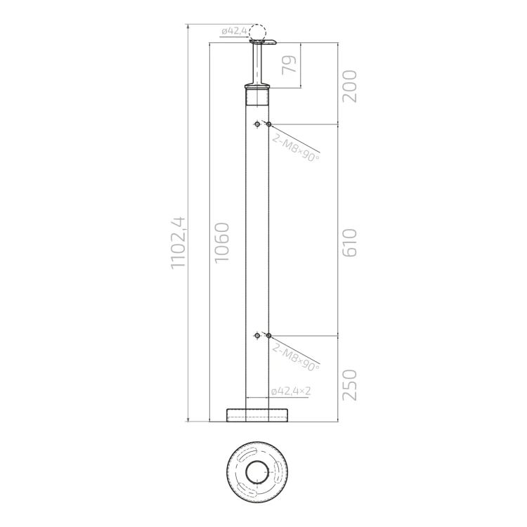 Eckgeländerpfosten für Glas ø 42,4x1060/1102,4mm 4 Halter geschliffen 000-559 (5)