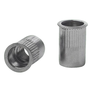 Nietmutter durchgehend M6 A2 AISI 304 – konischer reduzierter Flansch, gerändelt