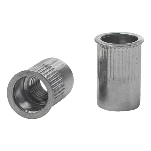 Durchgangsnietmutter M8 A2 – reduzierter Kegelflansch, gerändelt, AISI 304