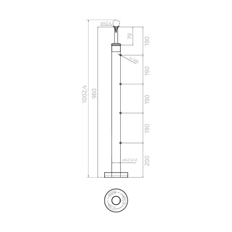 PSG Balustradenpfosten Mitte durchgehend ø 42,4 mm AISI 304 – 4 Halterungen, satiniert 001-204 (4)