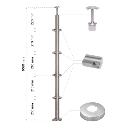 PSG Eckpfosten für Geländer aus Edelstahl AISI 304 ø42,4 mm H1060 mm mit Halterungen für Stäbe ø12 mm 001-206 (2)