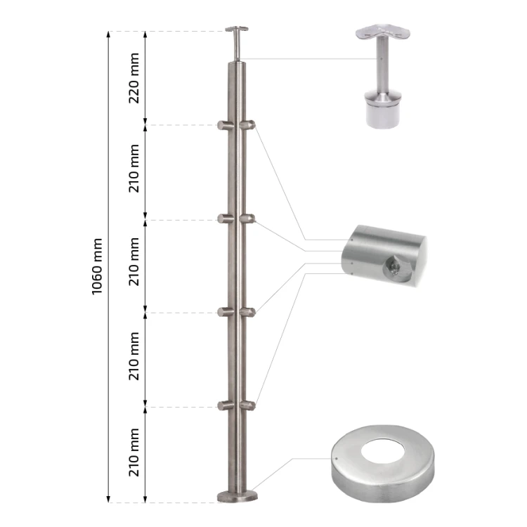 PSG Eckpfosten für Geländer aus Edelstahl AISI 304 ø42,4 mm H1060 mm mit Halterungen für Stäbe ø12 mm 001-206 (2)